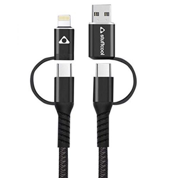 Stuffcool Quad 4 in 1 Cable 65W PD USB to Lightning, USB to Type-C, Type-C to Lightning & Type C to Type-C Sync and Charge Nylon Braided Fast Charging Cable Compatible with iPhone 12, 1M - Black